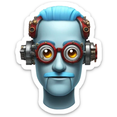  Short light blue haired male cyborg head with light blue beard, red steampunk goggles and circuits sticker