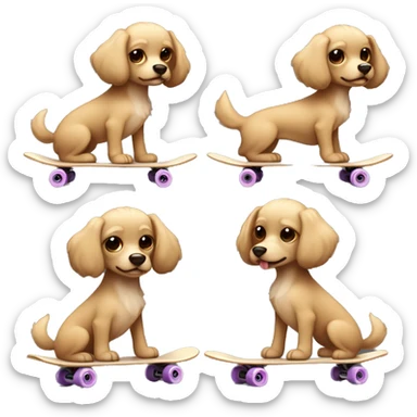 small dog with light tan curly fur, very very long ears down. dark brown eyes, mouth closed. on a skateboard sticker