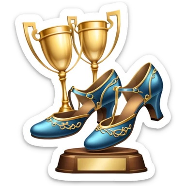 Icon for Ballroom Dancing: a pair of ballroom shoes, a dance floor with lighting, and a decorative dance trophy. The icon should represent the elegance and rhythm of ballroom dance through its key symbols. Transparent background. sticker