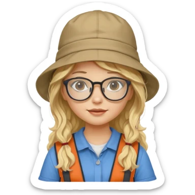 a young student girl with the backpack with bucket hat, blonde wavy long hair sticker