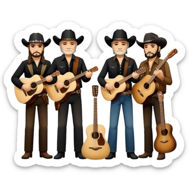 Icon for Country Music: The Highwaymen—Johnny Cash, Willie Nelson, Waylon Jennings, and Kris Kristofferson—standing together with guitars, cowboy hats, and rugged outlaw country aesthetics. Warm tones, western scenery hints, and a transparent background. sticker