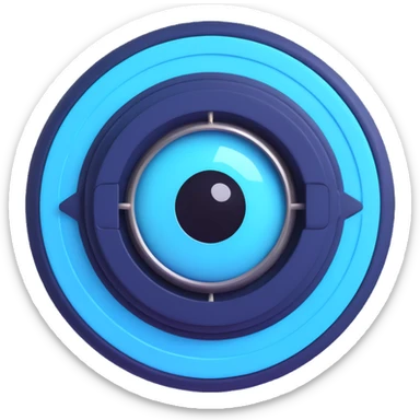 high-tech emoji style icon for crypto bot, round badge, robotic eye with integrated volume bars and sharp mountain motif, neon cyan and navy blue on black background, clean lines detailed minimalist cyberpunk trading interface vibe, no text sticker
