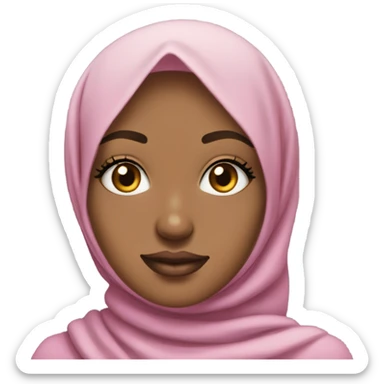 Hijabi girl with coquette aesthetic, wearing pink hijab with bows. She has blue eyes that fade into yellow slightly in the middle. She has long false eyelashes. She has mauve lip color and a gold nose ring on her left nostril. sticker