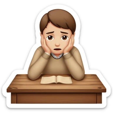 person sitting at a vintage wooden desk crying sticker