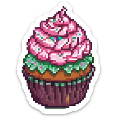 pixel art cupcake with pink frosting and sprinkles sticker