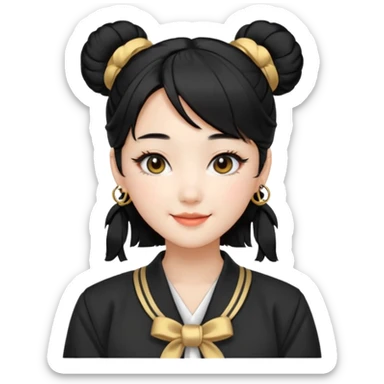 a beautiful girl face, wearing cute korean makeup, black hair, tied into two lowbuns with front bangs, black shirt, white jacket with golden shoulder pads, kpop idol sticker