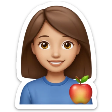 happy girl with medium straight brown hair, light skin tone, apple emoji style sticker