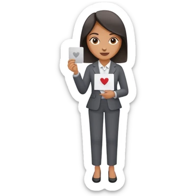 Woman in dark grey trousers holding a card in one hand sticker
