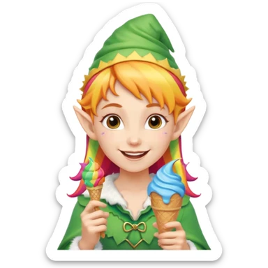 A cheerful elf girl with pointy ears holding a rainbow ice cream cone, smiling brightly.

 sticker