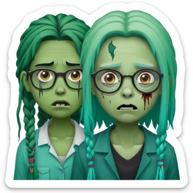 green-skinned, zombie with glasses, a girl with ombre black & teal long dreadlocks and a worried expression with a small wound near its mouth. sticker