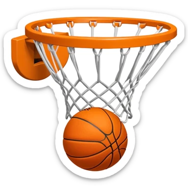 Minimalist orange Spalding basketball going through a white basketball net, swishing through hoop, iOS emoji style sticker