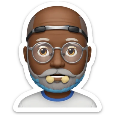 African american male, bald, salt and pepper beard. Round face, glasses sticker