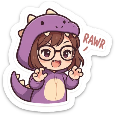 chibi anime style girl with glasses, brown hair, dark purple eyes, wearing a purple dinosaur costume, saying 'rawr' in a cute playful way, clawing the air with her hands, showing her teeth, no background sticker