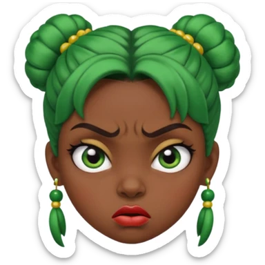Create a 3D cartoon-style girl character with dark skin, round face, angry expression, big wide eyes, and tightly styled double buns made of green beaded hair. The girl should look irritated, eyebrows sharply angled, and lips pressed in a frown. sticker