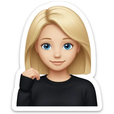a new character a girl with shoulder length blonde hair wearing black clothes and wearing a cheeky smile she has blue eyes her black sweater has an emo style badge remove the badge and instead add the words special sticker