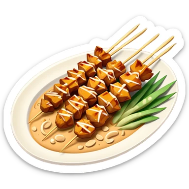Cinematic Realistic Indonesian Chicken Satay Dish Emoji, depicted as succulent, marinated chicken skewers grilled to perfection with a subtle char, drizzled generously with a rich, creamy peanut sauce that glistens under warm, natural lighting. The vibrant textures of the tender meat and smooth, spicy sauce evoke the authentic flavors of Indonesian street food, rendered with lifelike detail and dynamic, appetizing lighting. sticker