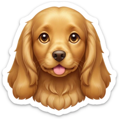 Cinematic Cute Gold Cocker Spaniel Portrait Emoji, Head tilted playfully and inquisitively, showcasing a silky, golden coat with a natural sheen, round, sparkling brown eyes filled with curiosity, Simplified yet irresistibly adorable features, highly detailed, glowing with a warm, friendly glow, high shine, affectionate and lively, stylized with a touch of whimsy, bright and endearing, soft glowing outline, capturing the essence of a mischievous yet loving pup, so playful it feels like it could bound out of the screen and into your arms! sticker