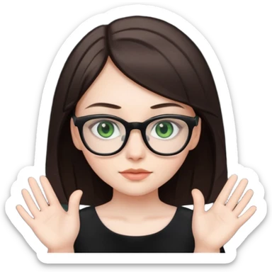 a cute white brunette girl with green eyes in a black dress wearing glasses  with two hands  sticker