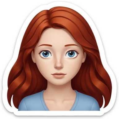 woman with long dark auburn red hair that is mostly straight but has slight waves to it. grey blue eyes. some freckles sticker