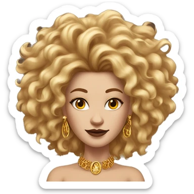 Create an emoji of a confident white woman with voluminous lion-like hair, bold makeup, and gold jewelry, embodying the Leo zodiac sign with a regal expression and fiery energy. sticker