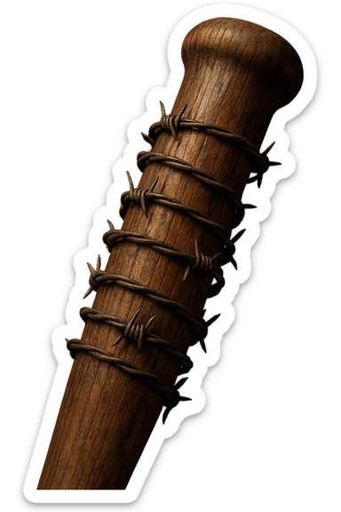 Close-up of a wooden baseball bat with barbed wire spiraling around it, referencing Lucille, with dramatic lighting, transparent background sticker