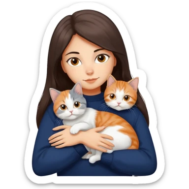 a girl with long dark brown hair, in a navy sweater, hugs a persian peaknose grey cat and persian peaknose orange and white kitten and a persion peaknose brown tabby and white cat sticker