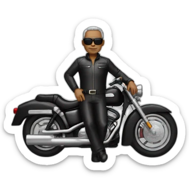56 year old man, balled, brown eyes, black motorcycle suit, sunglasses on forehead sticker