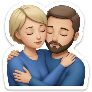 draw a man and a woman hugging each other passionately. looking toward each other. woman has short hair. man has short hair and beard. draw them with closed eyes. sticker