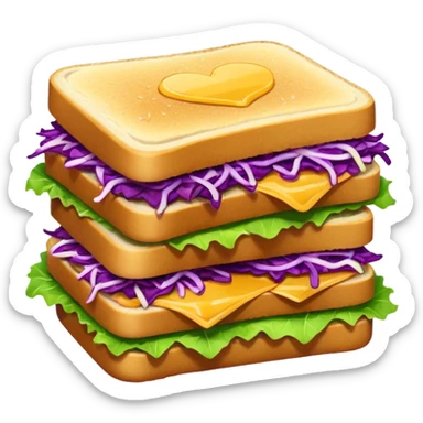 A cute, simplified emoji-style illustration of a stacked chicken sandwich — two thick golden toast slices, a crispy breaded chicken fillet, green lettuce, and purple cabbage slaw, with glossy dark sauce dripping down the sides. sticker