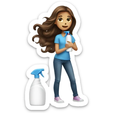 Girl with long brown hair with cleaning spray bottle sticker