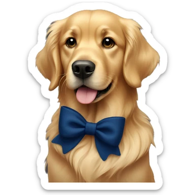 Golden retriever with a navy blue bow sticker