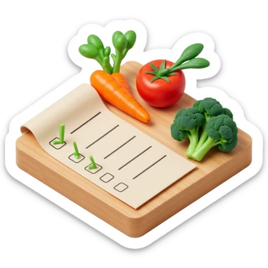 carrot tomato brocoli on the wooden cutting board with floating rolled paper list with green checkboxes sticker