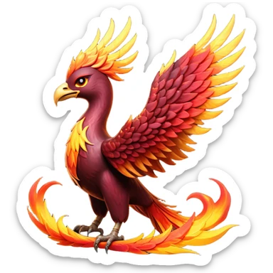 Cinematic Noble Battle-Hardened Mystical Fire Phoenix Portrait Emoji, with scorched, battle-scarred plumage in deep crimson, burnt gold, and smoldering ember hues. Its piercing eyes, hardened by countless conflicts, blaze with unyielding resolve and ancient wisdom. The elongated tail feathers bear vivid marks of fiery combat, rendered with lifelike texture and dynamic highlights, high shine, exuding an aura of mythic martial valor, focused and commanding, with a soft glowing outline that captures a phoenix forged in the fires of war. sticker
