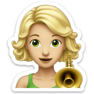 a green-eyed blonde girl with a trumpet nose sticker