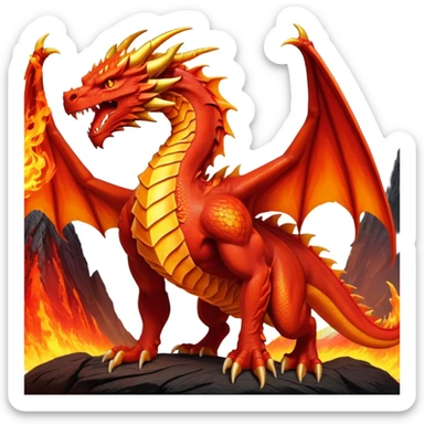 cinematic-noble-fierce-fire-dragon-full body-emoji,-poised-and-imposing,-with-a-muscular,-scaled-body-ablaze-in-fiery-hues-of-crimson,-molten-orange,-and-molten-gold,-and-intense,-burning-eyes-that-mirror-the-heart-of-a-volcano;-rendered in detail sticker