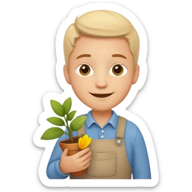 A calm, friendly male cartoon character with light skin, simple farm clothes, warm smile, holding a small plant or flower, stylized as a cute, readable emoji icon with soft earthy color sticker