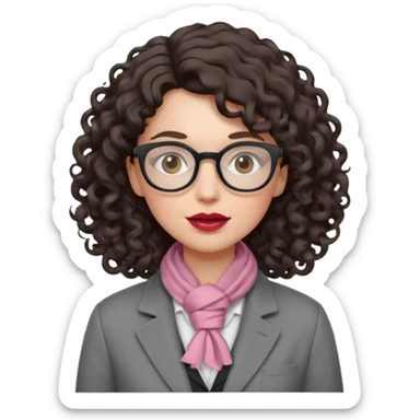 A crazy female scientist, with curly-wavy dark brown hair, brown eyes and light grey glasses and pale skin and pinkish lips, dressed to look like an english teacher but in neutral tones like grey black white, maybe with the pop of dark red sticker