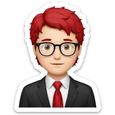 white man in white shirt, having red tie, black wavy hair, wearing glasses sticker