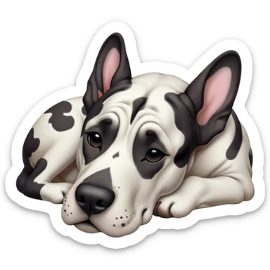 Meme-Worthy Cute Sleeping Harlequin Great Dane Portrait Emoji, Head resting peacefully with a contented smile, showcasing a delightfully majestic build and a luxuriously soft coat of predominantly white with bold black patches, eyes shut in a serene nap, Simplified yet hilariously adorable features, highly detailed, glowing with a soft, drowsy light, high shine, relaxed and utterly lovable, stylized with an air of playful laziness, bright and heartwarming, soft glowing outline, capturing the essence of a comically sleepy guardian, so meme-worthy it feels like it could instantly become the next viral sensation of adorable slumber! sticker