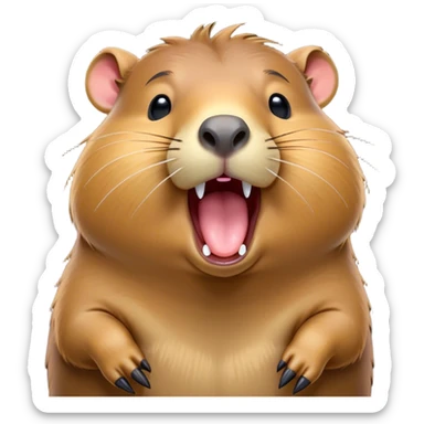 Cinematic Cute Yawning Capybara Portrait Emoji, Head tilted slightly with a dramatic, wide-open yawn, showcasing a plush, rounded body with drowsy, half-closed eyes and a relaxed expression, Simplified yet irresistibly adorable features, highly detailed, glowing with a soft, cozy natural glow, high shine, relaxed yet expressive, stylized with a dash of whimsical charm, soft glowing outline, capturing the essence of a drowsy yet affectionate guardian that seems ready to stretch out for a nap! sticker