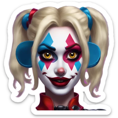 Synthwave Harley Quinn in Uncle Scrooge style, oil paint, mysterious eyes, intricate lips, masterpiece pose, beautiful, desirable, logical sticker