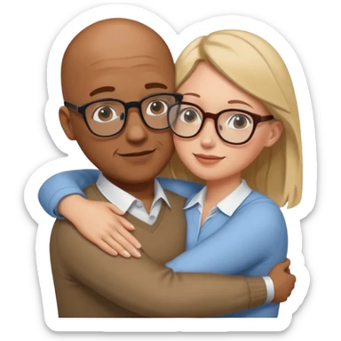 Brown bald Man and white woman wearing glasses  hug love sticker