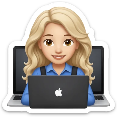 Cute female developer style sitting in front of laptop. No glasses, smiling with long hair waves. Light skin tone in early 20s. One black hair laptop sticker