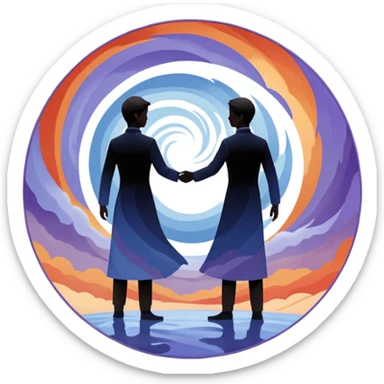 Center composition: Two silhouetted figures standing back-to-back or side-by-side in a circle of calm (soft blues, lavenders, white light)
Around them: Swirling storm energy—abstract shapes, wind lines, chaotic movement in reds, oranges, and dark grays sticker