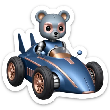  Metallic dark blue and rosegold-accented  racing car for furry-faced grey bearded evil alien scary robot teddy bear and passenger with custom aero body and rear spoiler (Star Wars style) sticker