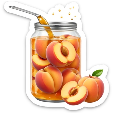 open metal can filled with golden peach halves submerged in glossy light syrup, smooth plump slightly translucent fruit pieces nestled in clear liquid, simple can no label or branding, apple emoji style, soft lighting, subtle shadows, transparent background, emoji scale sticker