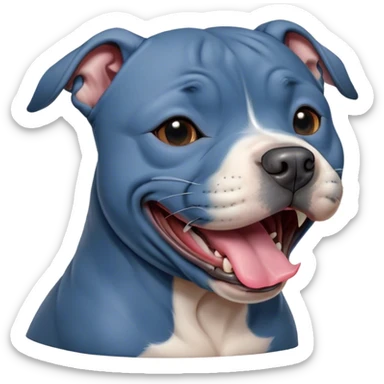 Cinematic Cute Yawning Blue Staffordshire Bull Terrier Portrait Emoji, Head tilted slightly with a dramatic, wide-open yawn, showcasing a smooth blue Fur with a refined texture, floppy ears slightly drooping, round dark eyes barely open in drowsy contentment, Simplified yet irresistibly adorable features, highly detailed, glowing with a soft, cozy glow, high shine, relaxed yet expressive, stylized with a touch of whimsy, bright and endearing, soft glowing outline, capturing the essence of a sleepy yet affectionate guardian, so drowsy it feels like it could stretch right out of the screen and curl up for a nap! sticker