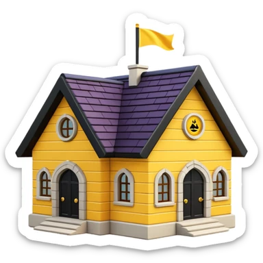 simple school, white background, magic school, black roof, with a big flag, big flag on a roof, big yellow flag, white school sticker