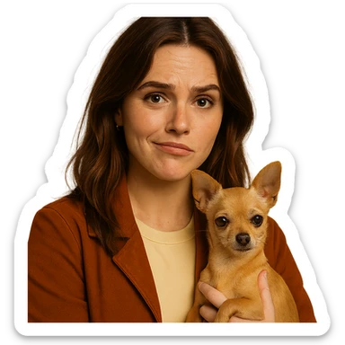 Portrait for Instagram profile picture inspired by the facial features visible in the reference images, with a tanned complexion, subtle freckles, wearing a shirt in color #FFF8CA and a rust-colored jacket, medium-length brown hair with auburn highlights, ironic and sarcastic expression, holding a beige-brown chihuahua, in the style of a Netflix series, transparent background, intimate Tenerife ambiance. sticker
