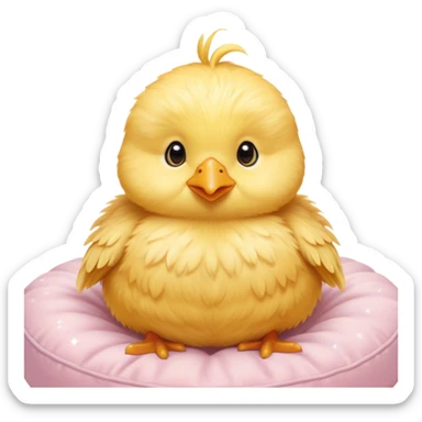 Cinematic round fluffy chick, golden yellow, tiny beak and feet, soft downy feathers, sparkling gentle eyes, sitting on a pastel-colored cushion, radiating warmth and sweetness. sticker
